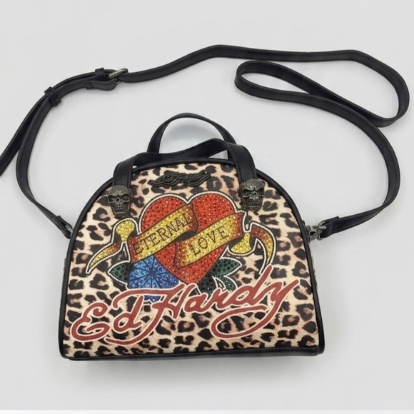 Ed Hardy Tattoo Cheetah Print Handbag Eternal Love Bag Vegan Material Skulls NWT - Picture 4 of 14